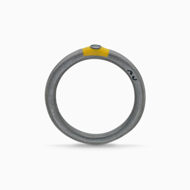 ULYSSES Slick Oxidized Ring with Black Diamond and Yellow Enamel-Straight View