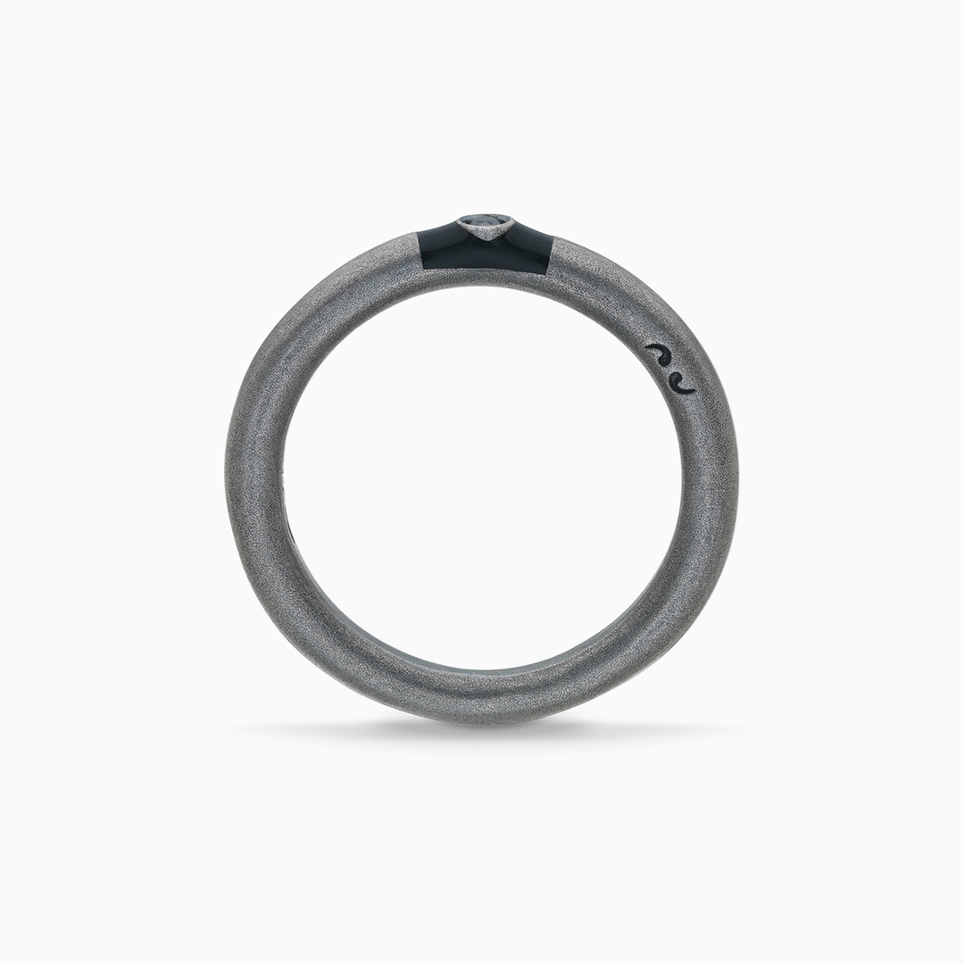 ULYSSES Slick Oxidized Ring with Black Diamond and Black Enamel-Straight View