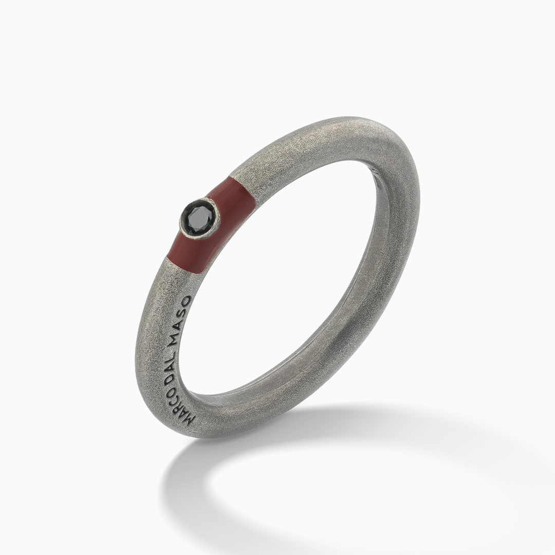 ULYSSES Slick Oxidized Ring with Black Diamond & Red Enamel