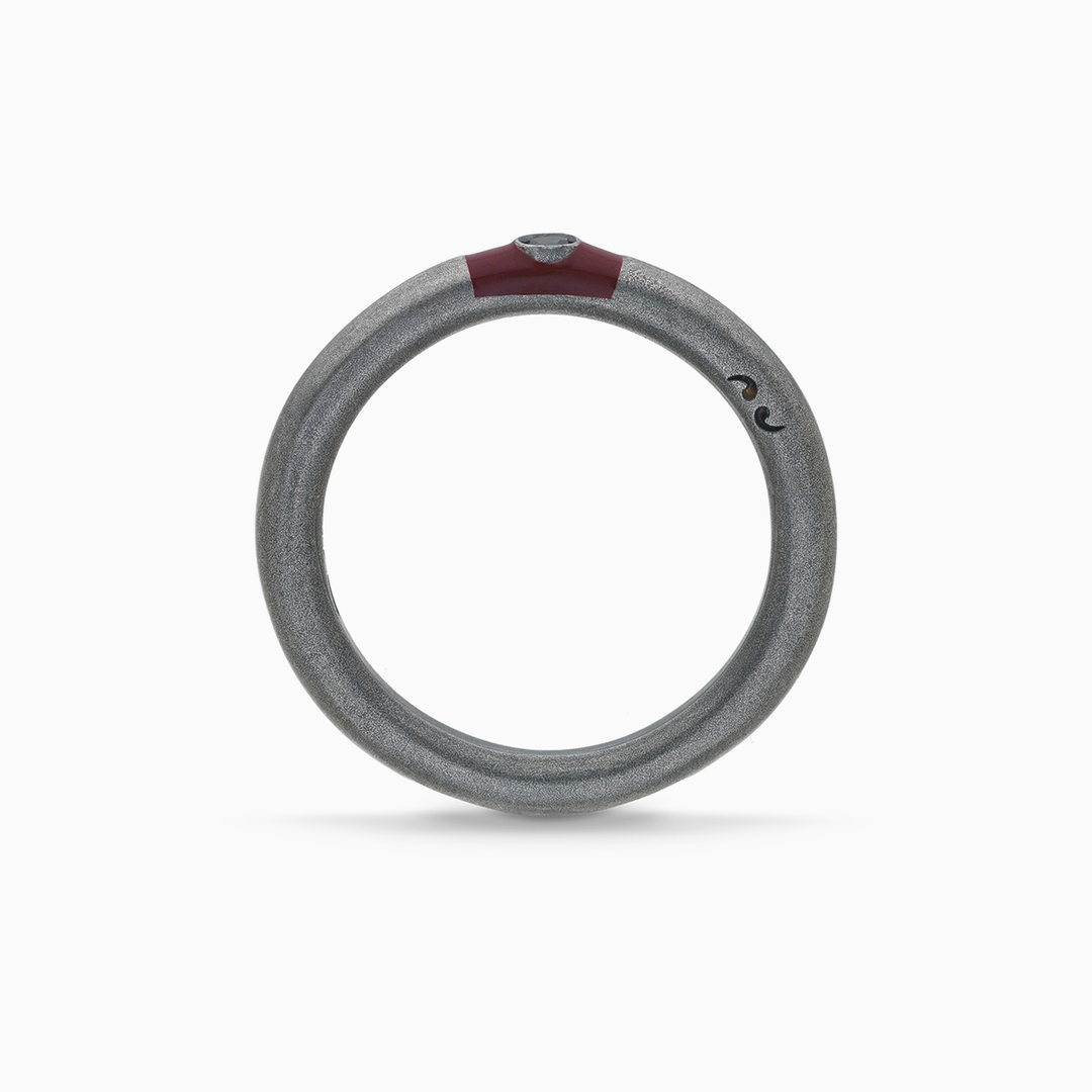 ULYSSES Slick Oxidized Ring with Black Diamond and Red Enamel-Straight View