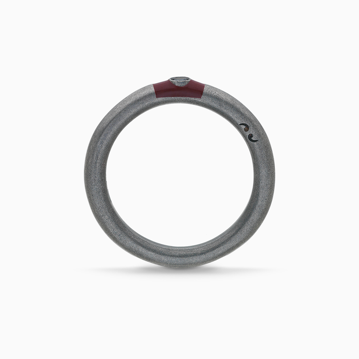 ULYSSES Slick Oxidized Ring with Black Diamond and Red Enamel-Straight View