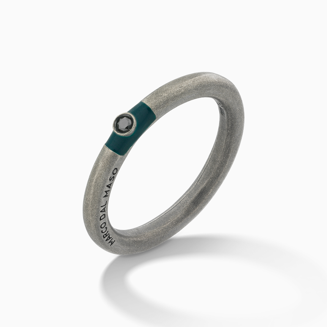 ULYSSES Slick Oxidized Ring with Black Diamond and Green Enamel-Standard View