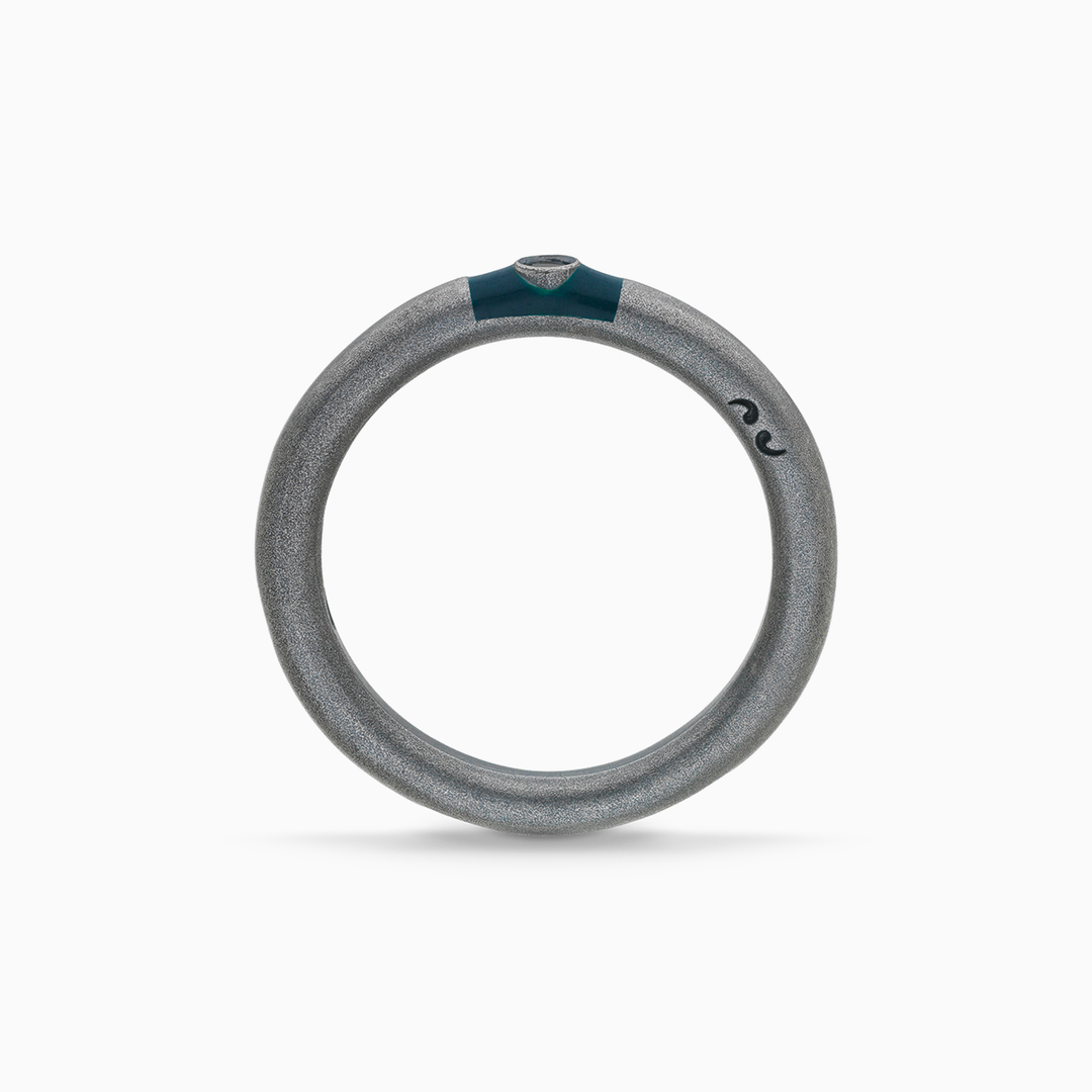 ULYSSES Slick Oxidized Ring with Black Diamond and Green Enamel-Straight View