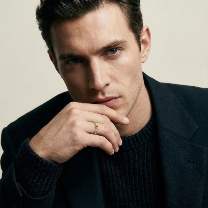 Close up of male model wearing ULYSSES TUBULAR RING no nudes or topless images