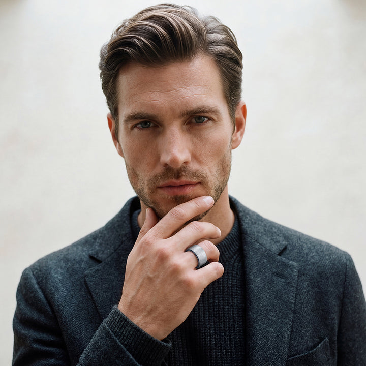 Close up of handsome male model wearing ELAN Silver Band