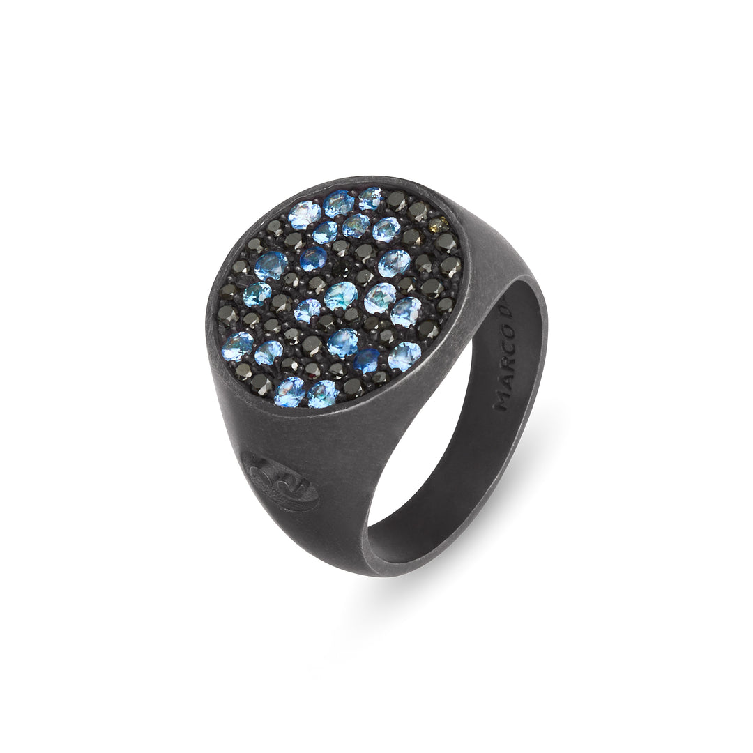 MONETA Blue Sapphires and Black Diamonds Signet Ring