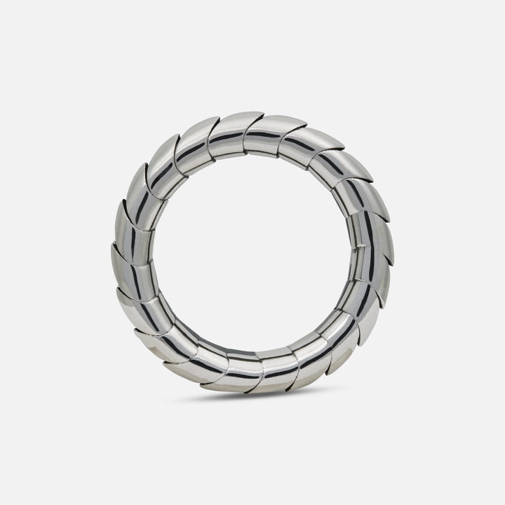 Polished silver Iron Snake ring with sculpted scale texture
