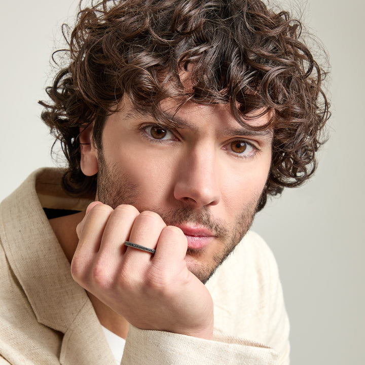 Model wearing Diamonds'n'Roses Eternity Ring with black diamonds shown in styled position
