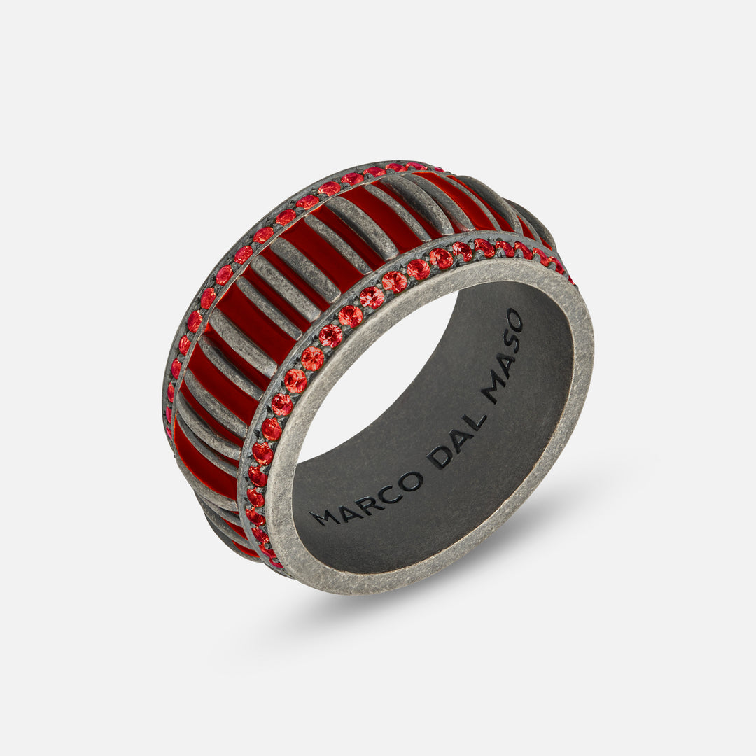 ACIES Crowned Band with red sapphires and enamel in oxidised silver