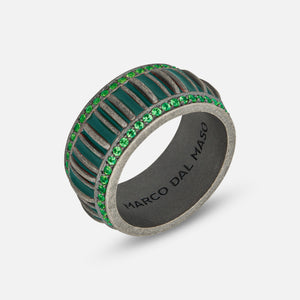 ACIES Crowned Band in oxidised silver with pavé tsavorite and green enamel