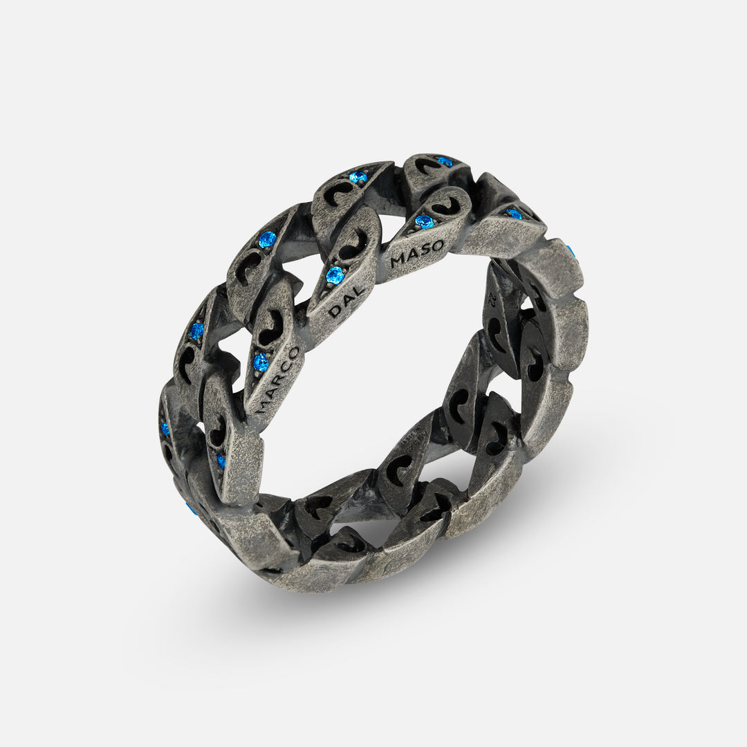 Front of Molten Loop Ring in Oxidized Silver, Blue Sapphire