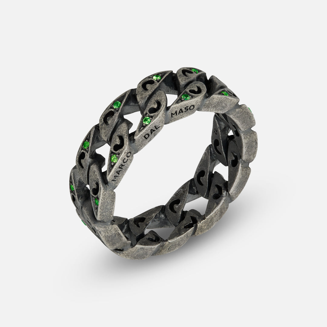 Front of Molten Loop Ring in Oxidized Silver, Tsavorite