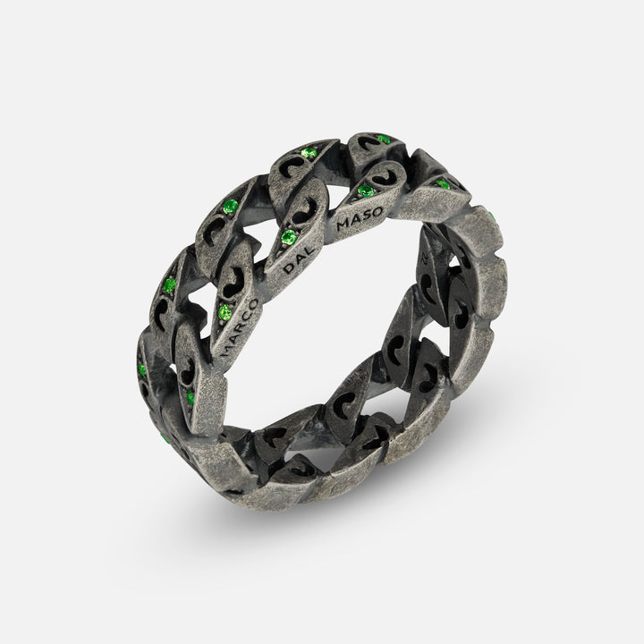 Front of Molten Loop Ring in Oxidized Silver, Tsavorite