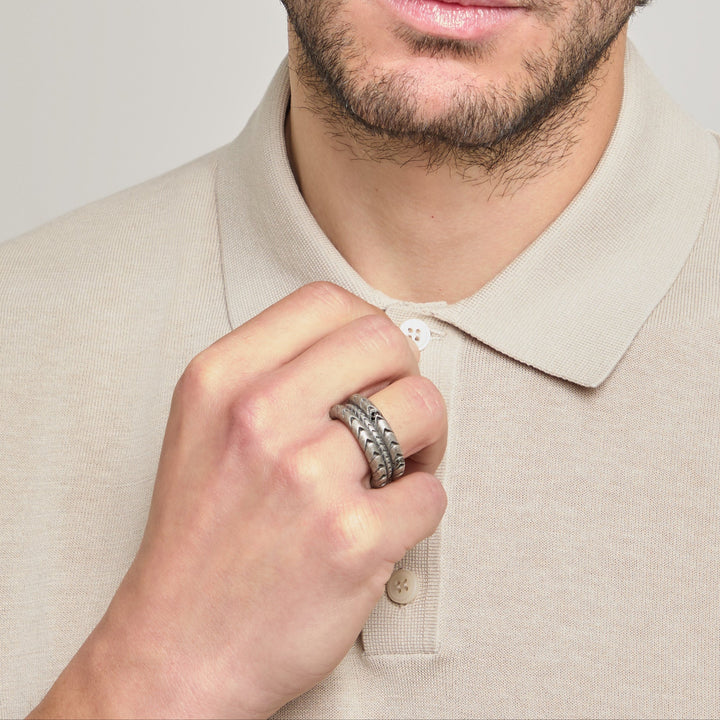 Model wearing Iron Snake Pave Ring in oxidized silver.