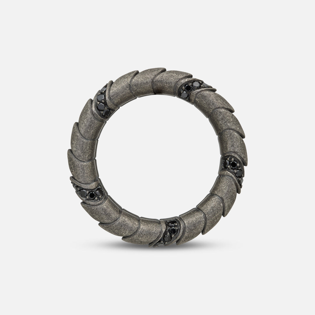 Side view of oxidized silver Iron Snake ring showing Pave diamond detailing.
