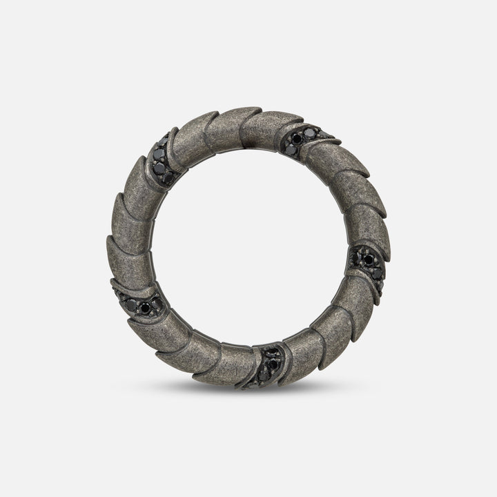 Side view of oxidized silver Iron Snake ring showing Pave diamond detailing.