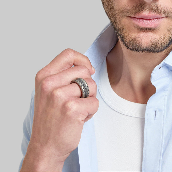 Model wearing Iron Snake Pave Ring in oxidized silver.