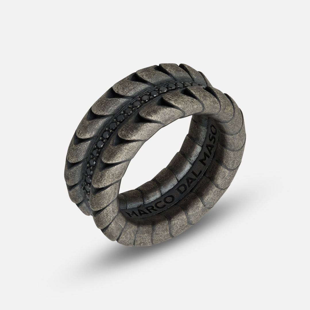 Close-up of Iron Snake Pave Ring in oxidized silver with black diamonds.