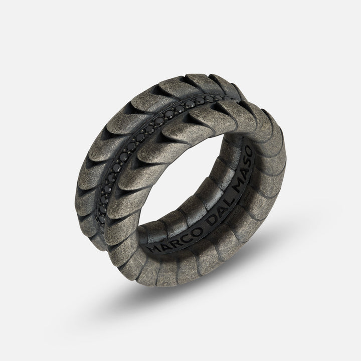 Close-up of Iron Snake Pave Ring in oxidized silver with black diamonds.