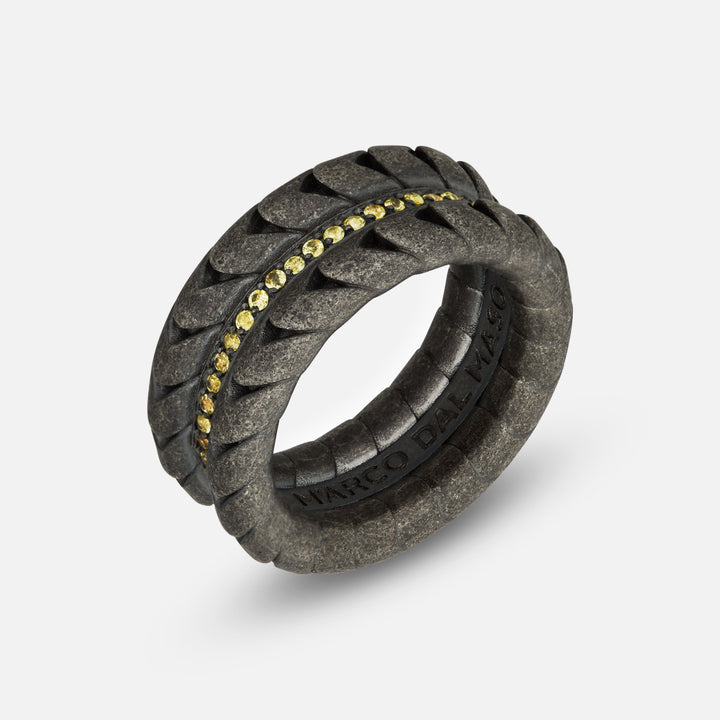 Close-up of Iron Snake Pave Ring in oxidized silver with yellow sapphires