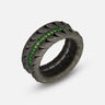 Close-up of Iron Snake Pave Ring in oxidized silver with tsavorites.