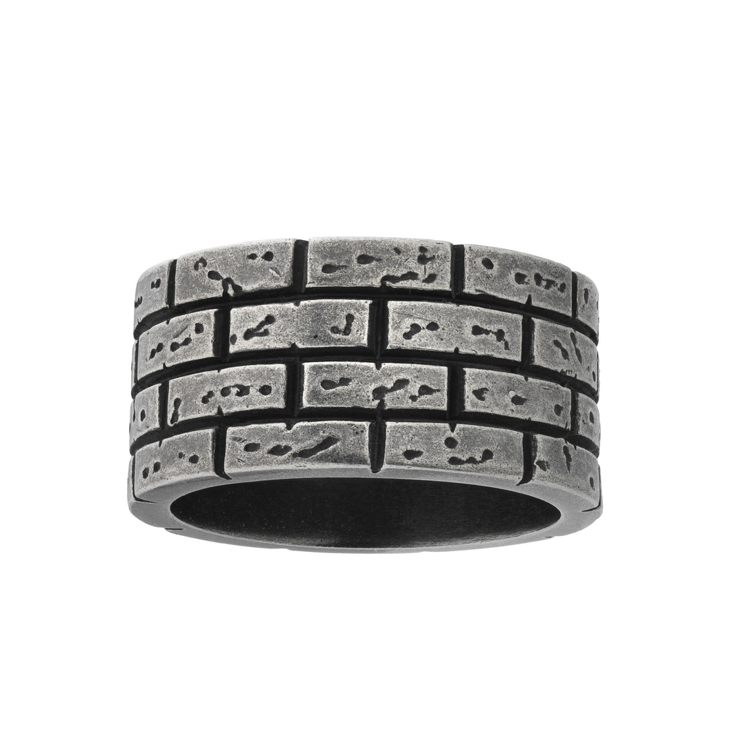 MURALES Oxidized Silver Wide Ring with Black Enamel