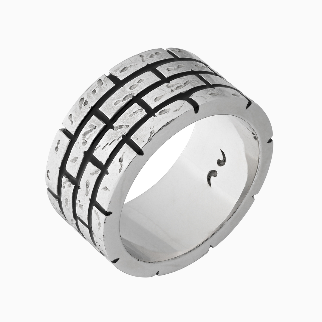 Marco Dal Maso Men enamel wide ring with bold design, silver-tone finish, and smooth polished surface.