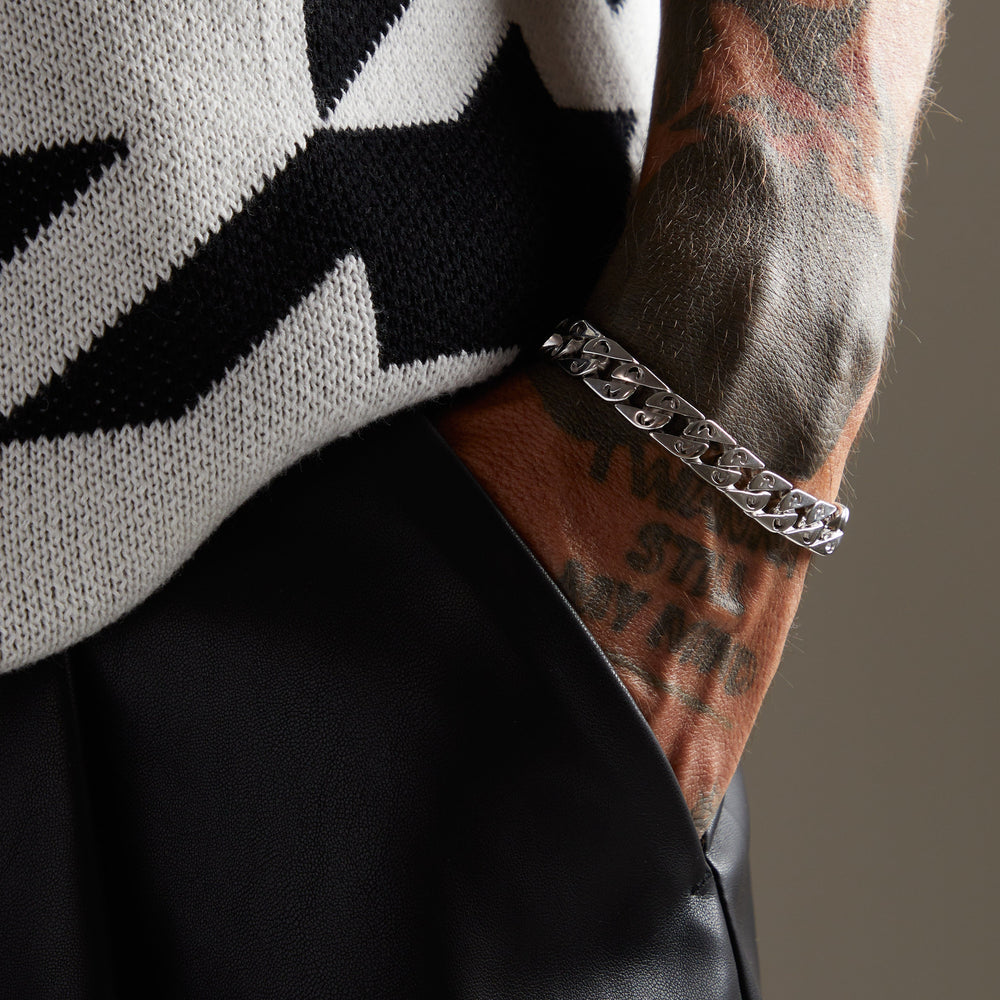 FLAMING TONGUE Oxidized Bracelet, Polished, Oxidized Silver, Black Diamonds - Worn View