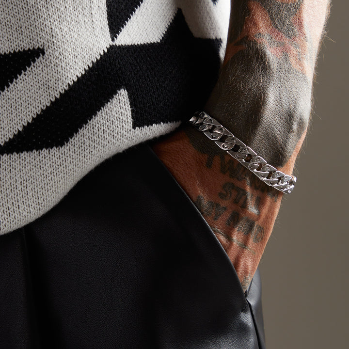 FLAMING TONGUE Oxidized Bracelet, Polished, Oxidized Silver, Black Diamonds - Worn View