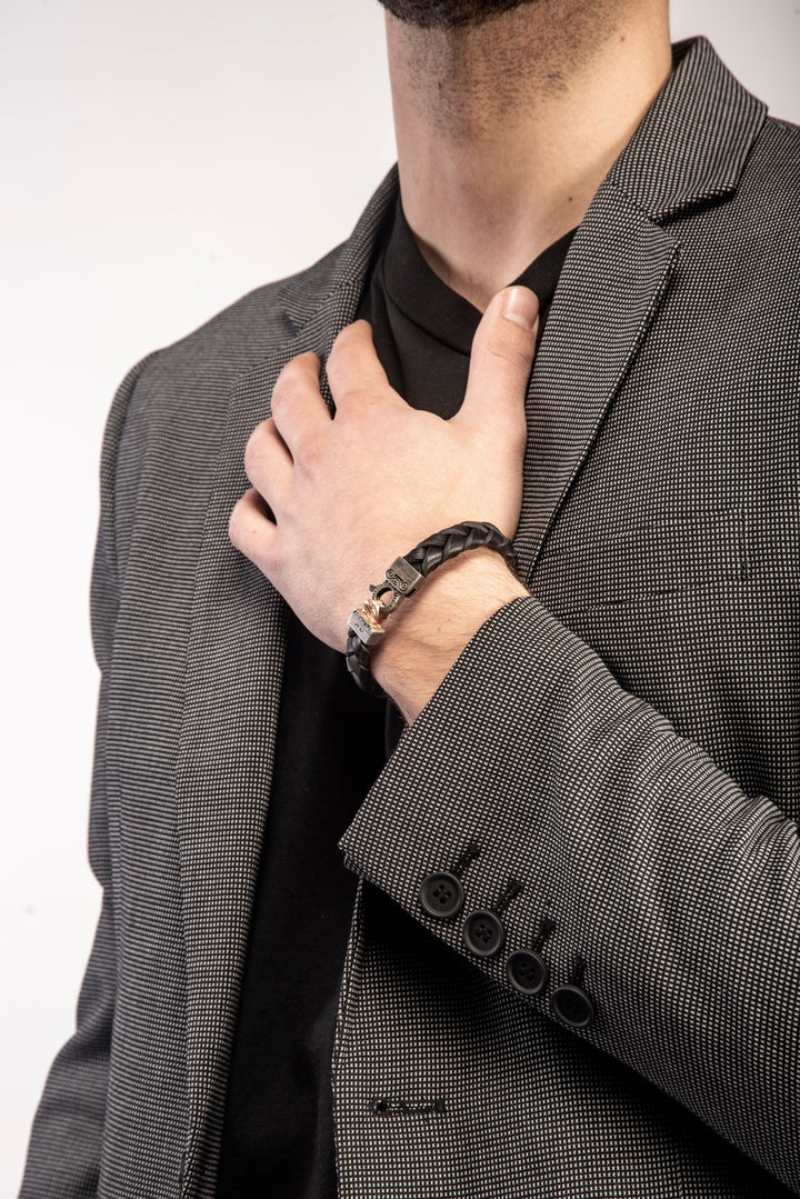 FLAMING TONGUE Braided Leather Bracelet, Rose Gold Vermeil, Oxidized Silver, Black Diamonds, Black Leather - Worn View