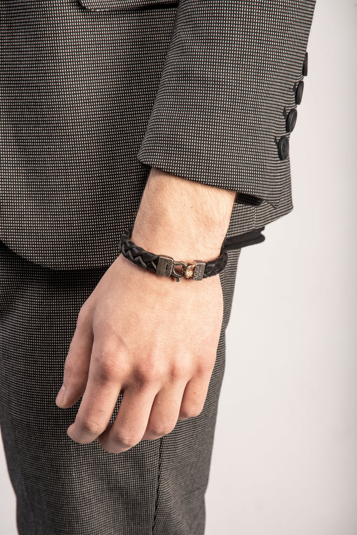 FLAMING TONGUE Braided Leather Bracelet, Rose Gold Vermeil, Oxidized Silver, Black Diamonds, Black Leather - Worn View