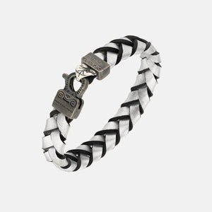 FLAMING TONGUE Braided Leather Bracelet, Oxidized Silver, Black Diamonds, Silver Leather