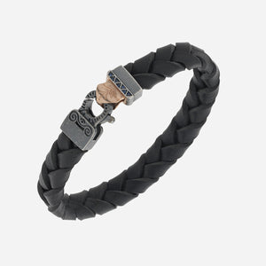 FLAMING TONGUE Braided Leather Bracelet, Rose Gold Vermeil, Oxidized Silver, Blue Sapphires, Black Leather