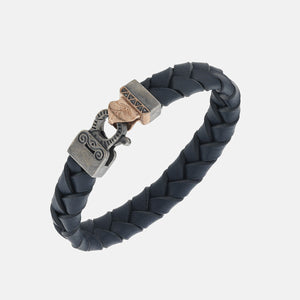 FLAMING TONGUE Braided Leather Bracelet, Rose Gold Vermeil, Oxidized Silver, Tsavorite, Blue Leather