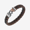 FLAMING TONGUE Braided Leather Bracelet, Rose Gold Vermeil, Oxidized Silver, Oranged Sapphires, Brown Leather