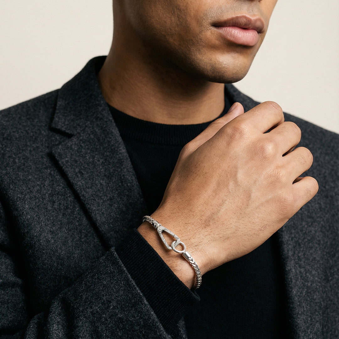 Close up of mixed race male model wearing The Ulysses Silver Bracelet with Matte Chain and Polished Clasp - AGBR0089-01WHSL-XS