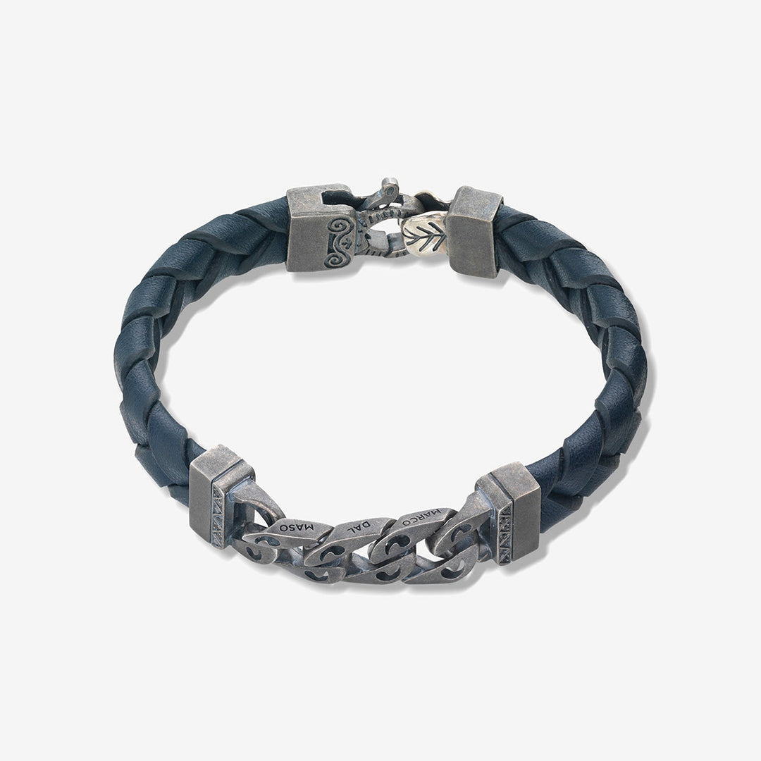 FLAMING TONGUE Chain ID Bracelet with Woven Leather, Black Diamonds, Blue Leather - Top View