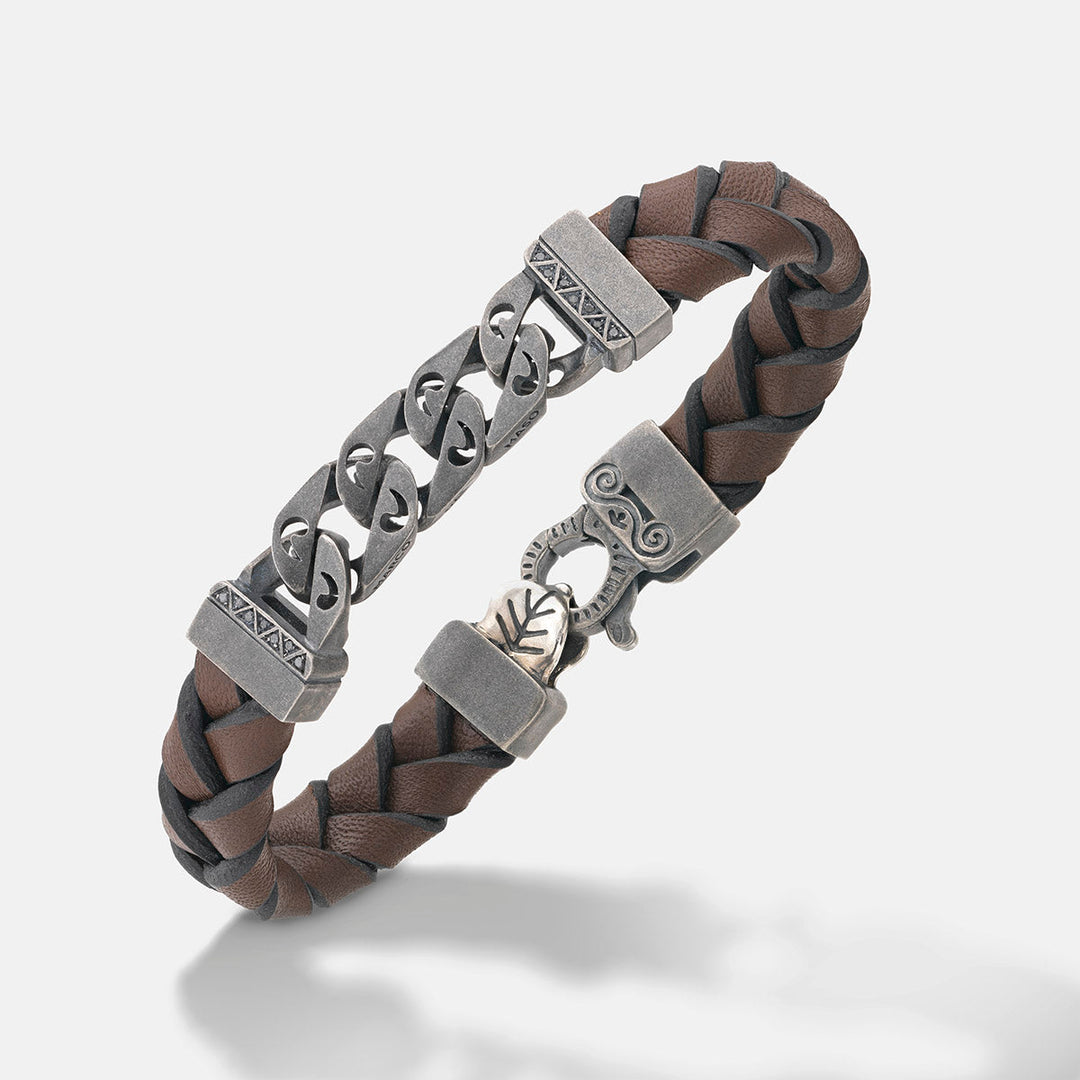 FLAMING TONGUE Chain ID Bracelet with Woven Leather