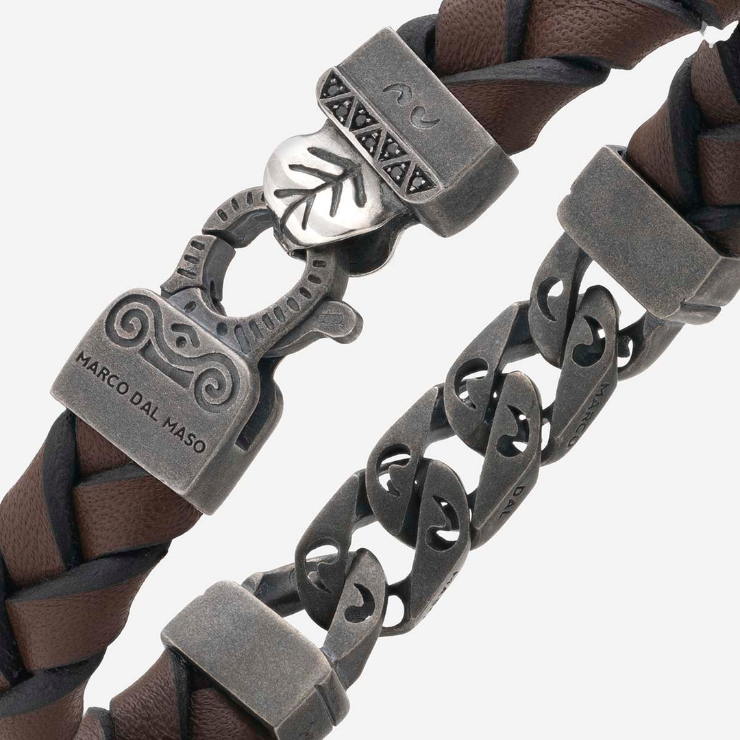 FLAMING TONGUE Chain ID Bracelet with Woven Leather, Black Diamonds, Brown Leather - Close-up View