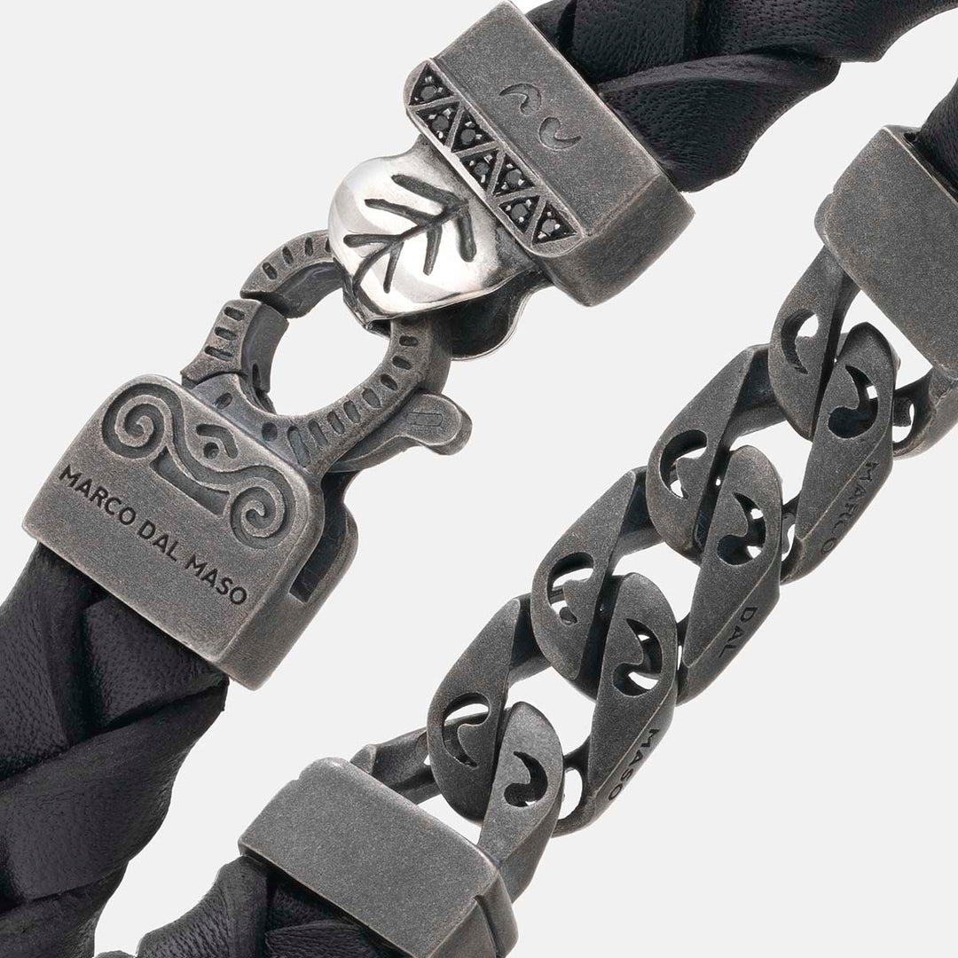 FLAMING TONGUE Chain ID Bracelet with Woven Leather, Black Diamonds, Black Leather - Close-up View