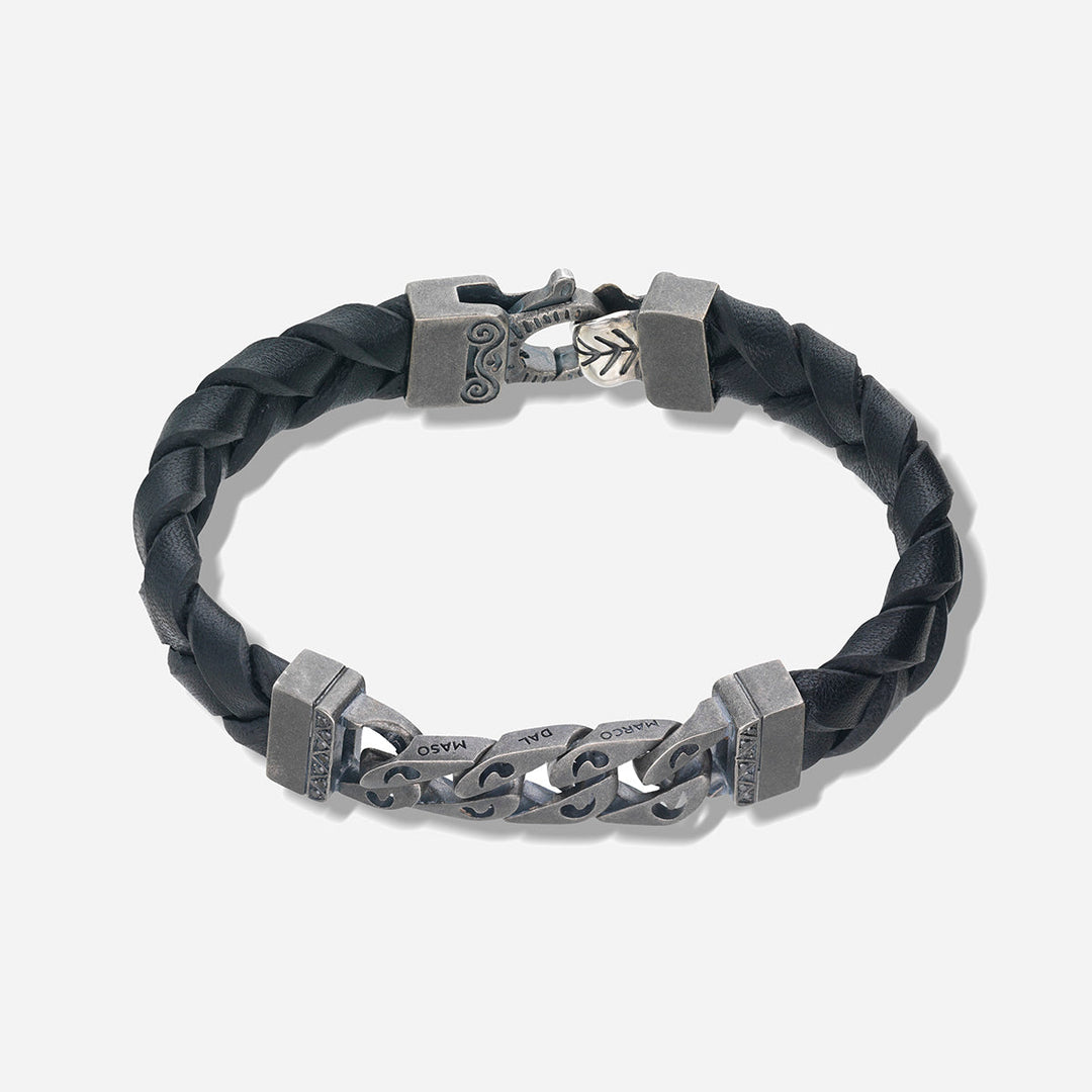 FLAMING TONGUE Chain ID Bracelet with Woven Leather, Black Diamonds, Black Leather - Top View
