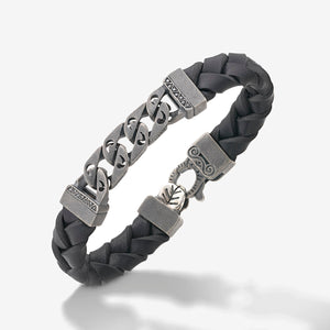 FLAMING TONGUE Chain ID Bracelet with Woven Leather, Black Diamonds, Black Leather