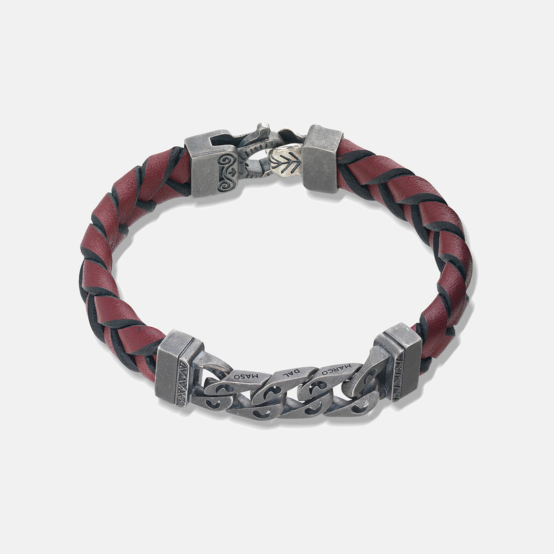 FLAMING TONGUE Chain ID Bracelet with Woven Leather, Black Diamonds, Red Leather -  Top View
