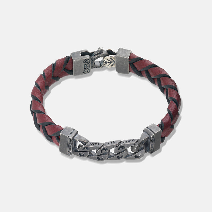 FLAMING TONGUE Chain ID Bracelet with Woven Leather, Black Diamonds, Red Leather -  Top View