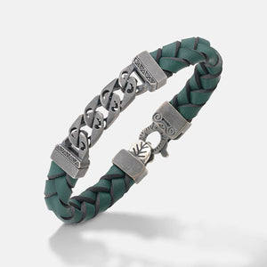 FLAMING TONGUE Chain ID Bracelet with Woven Leather, Black Diamonds, Green Leather