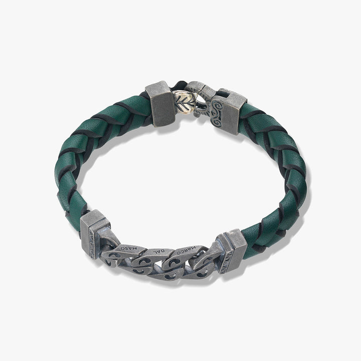 FLAMING TONGUE Chain ID Bracelet with Woven Leather, Black Diamonds, Green Leather - Top View