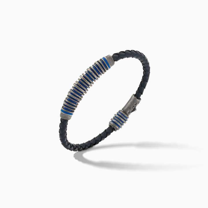 ACIES Oxidized Silver and Blue Leather Bracelet with Blue Enamel
