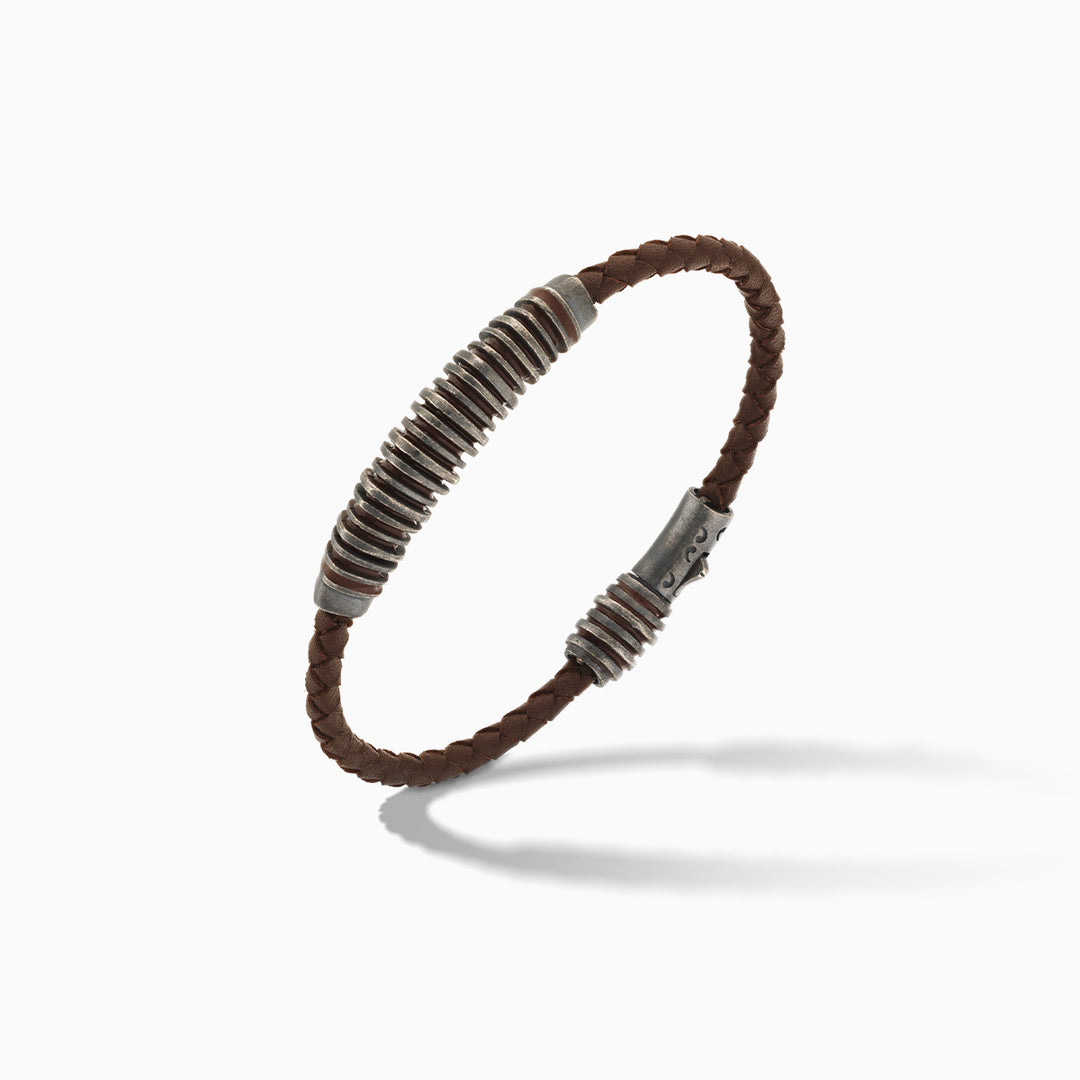 ACIES Oxidized Silver and Brown Leather Bracelet with Brown Enamel