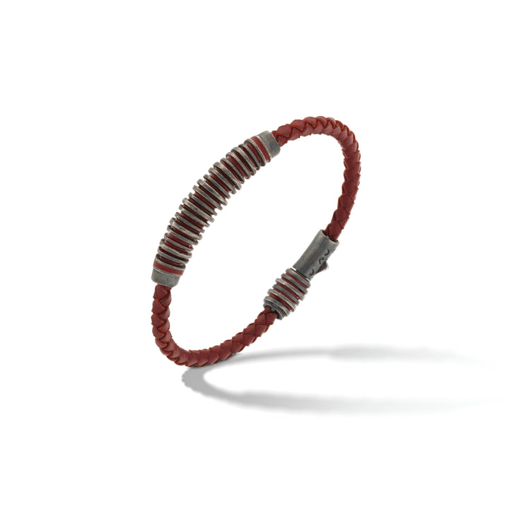 ACIES Oxidized Silver and Red Leather Bracelet with Red Enamel