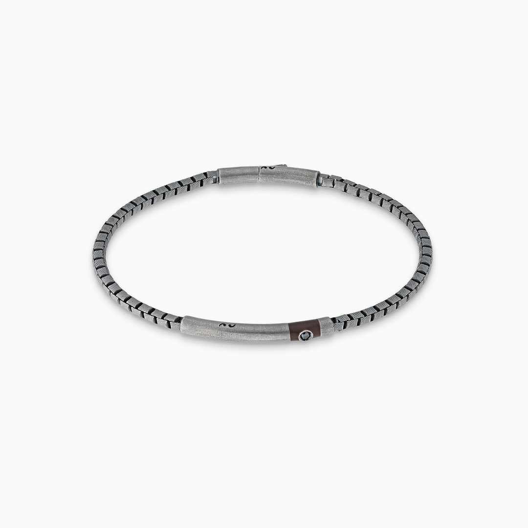 Bracciale Ulisse intagliato tubolare ossidato con diamante nero e smalto marrone